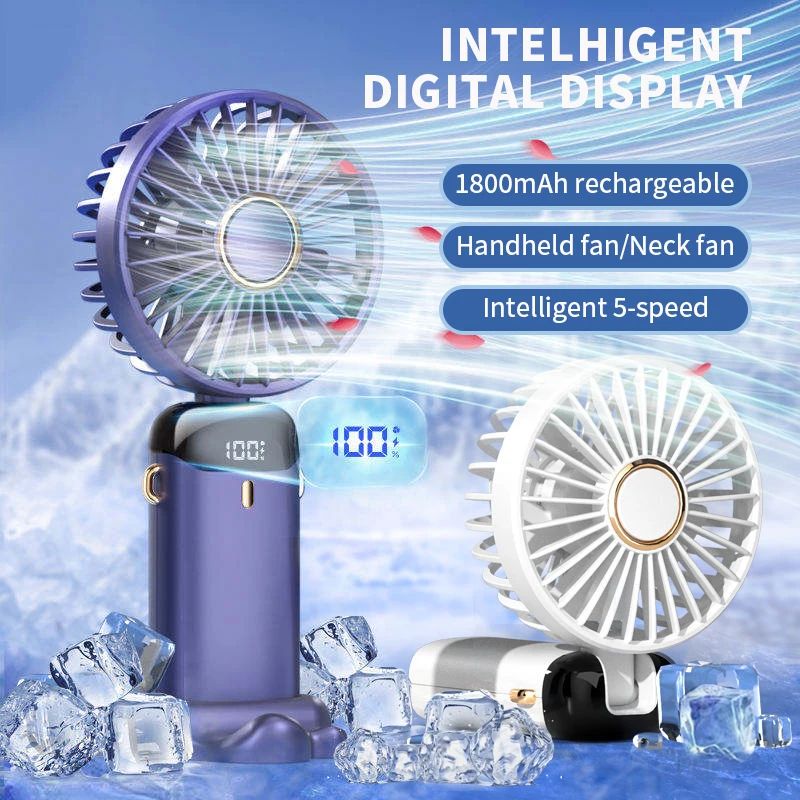 Foldable Handheld Mini Fan with Neck Hanging Design, 5 Speed USB Rechargeable Fan with Phone Stand, LED Display and 1800