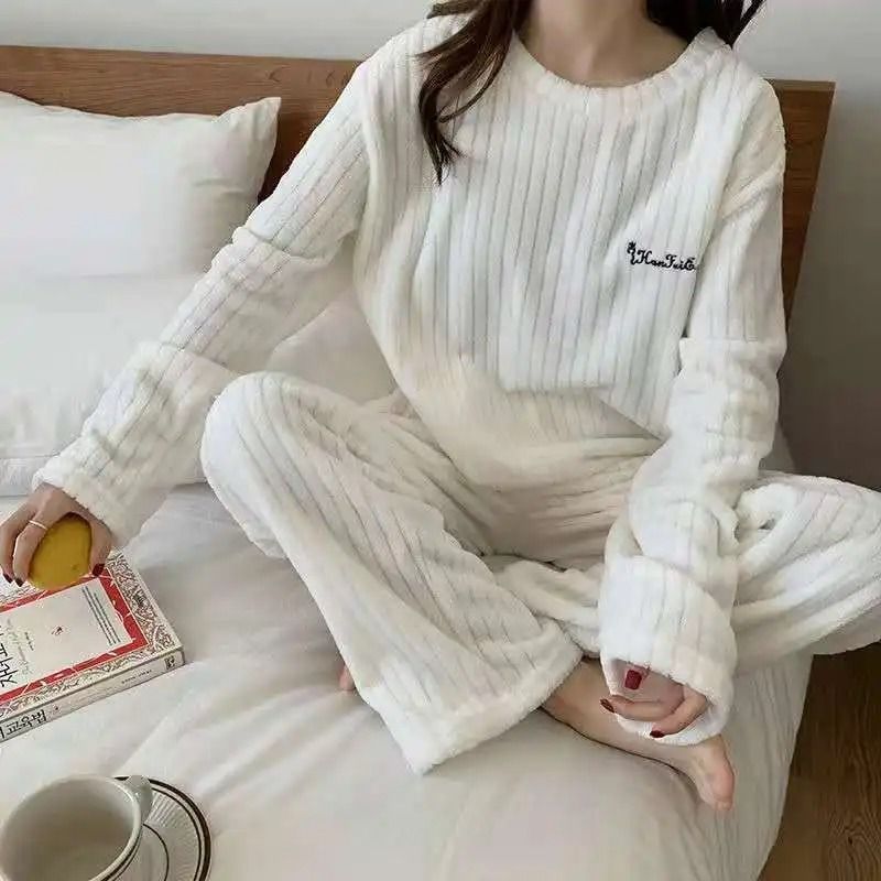 Womens Warm Velvet Ribbed Fleece Pajama Set Pullover and Pants