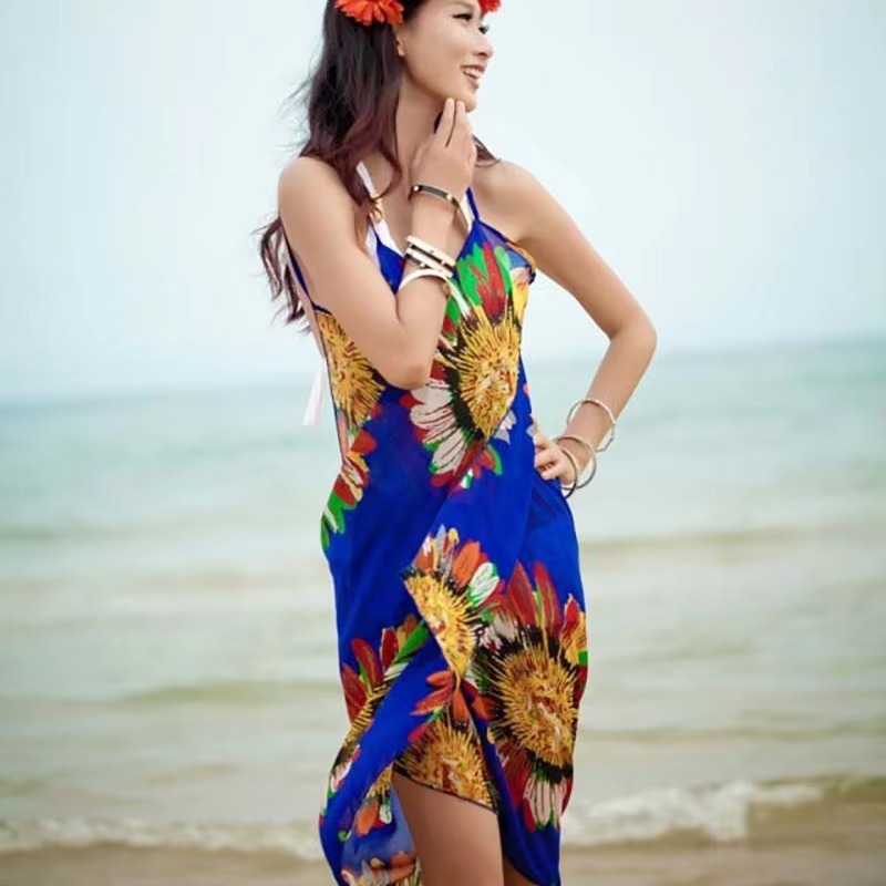 Printed Halter Chiffon Beach Dress, Sexy Bikini Wrap Pareo Skirts, Women Cover ups, Open Back Swimwear, Summer Beach