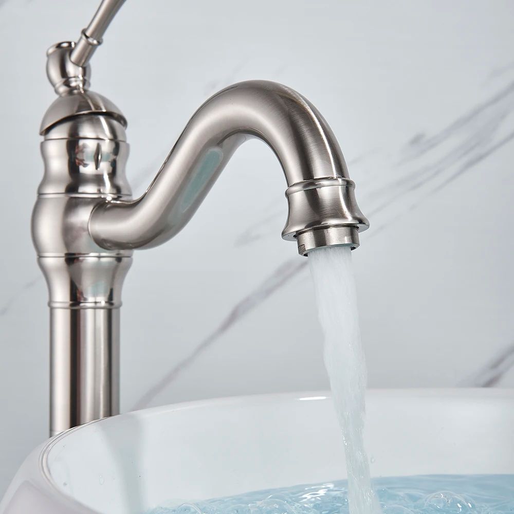 Modern Nickel Brushed Sink Faucet, Single Handle Swivel Spout Basin Mixer Tap for Bathroom, Deck Mounted Installation
