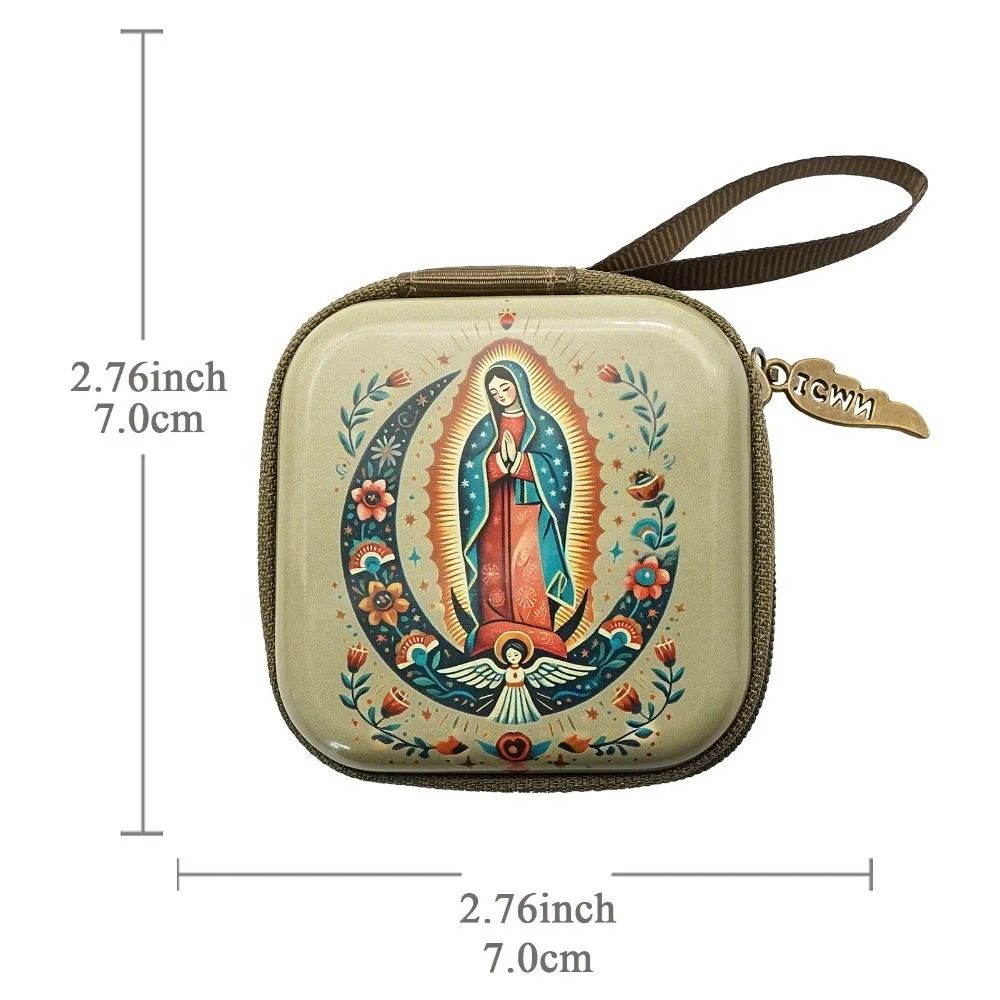 Virgin Mary Prayer Rosary Bag – 2.8 in Zippered Christian Jewelry Box – High-Yield Devotional Interaction Hub