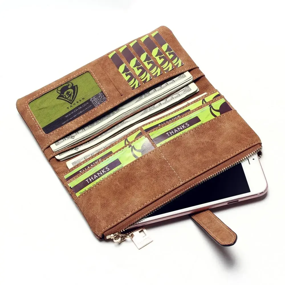Elegant Nubuck Leather Women Wallet Long Zipper Clutch with Card Holder