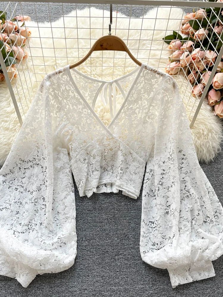 Women's Lace Open Back Blouse – V-Neck Puff Sleeve Cropped Party Top