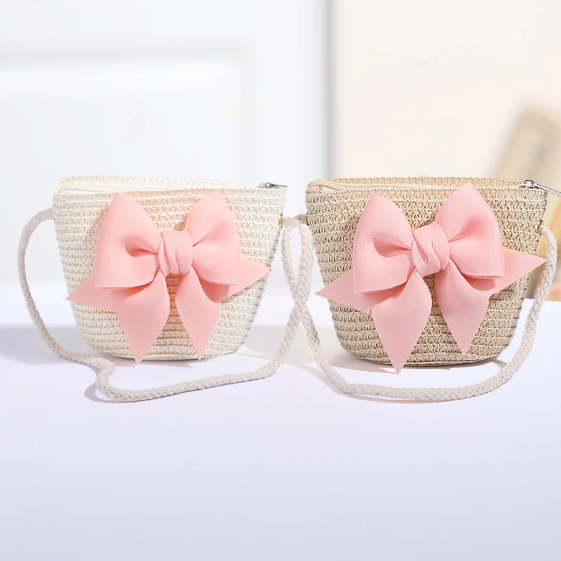 Handmade Woven Crossbody Bag for Baby Girls, Cute Bow Straw Princess Coin Purse