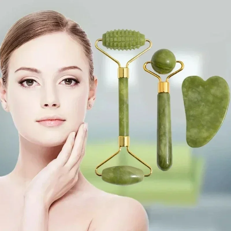 Premium Natural Jade Roller & Face Gua Sha, Stone Body Neck Massager, Eye Care Spa Massage Tools, Anti-Aging Visage