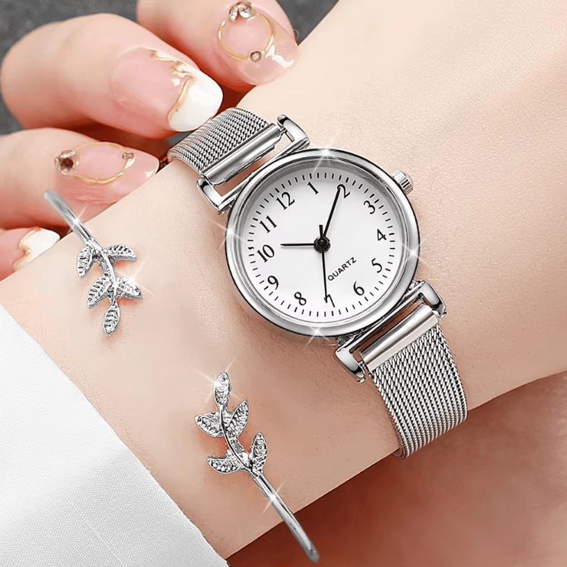 Womens Bracelet Watch Set Quartz Simple Dial Casual Dress Watch and Jewelry Set