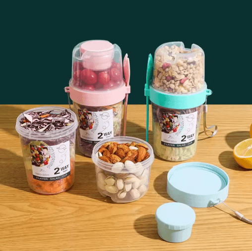 Portable Two-Layer Breakfast & Salad Cup with Fork Oatmeal, Yogurt & Bento Lunch Container