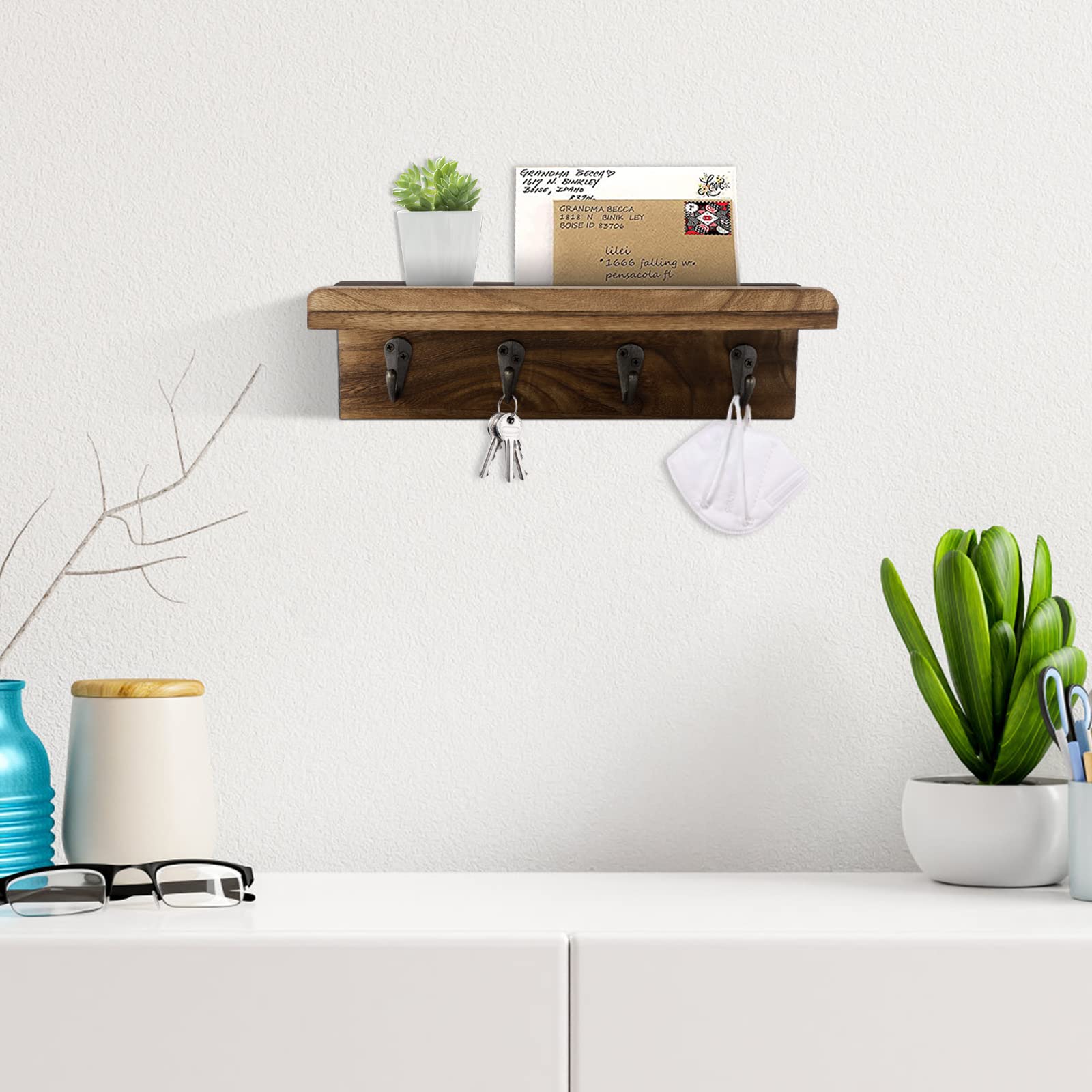 Rustic Wood Key Holder for Wall, Farmhouse Wall Shelf with Hooks, Wall Mounted Home Decor