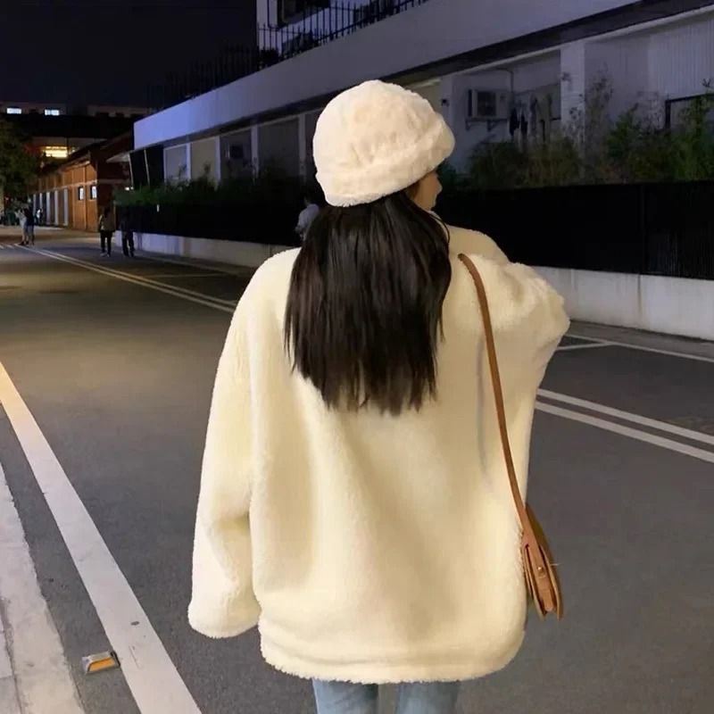 Thickened lamb wool stand collar cotton padded coat women loose fit petite