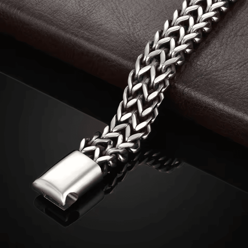 Stainless Steel Braided Bracelet – Double Row Fish Scale Magnetic Buckle Bracelet with Keel Detail (8.27-Inch Length)