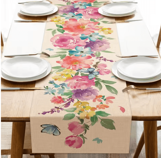 BloomLinen Watercolor Floral Table Runner with Butterfly Design
