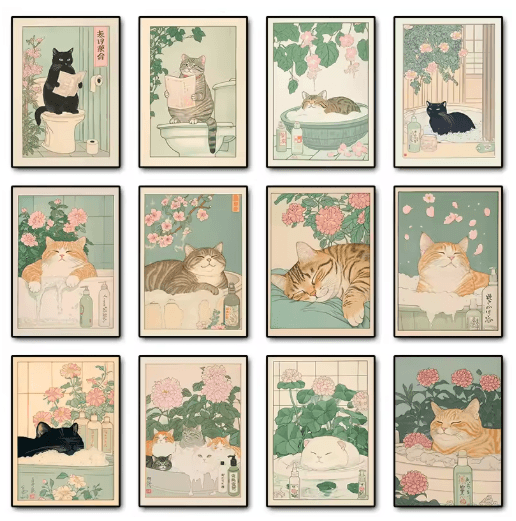 Japanese Cat Wall Art Retro Bathtub Cat Poster for Japandi Bathroom Decor