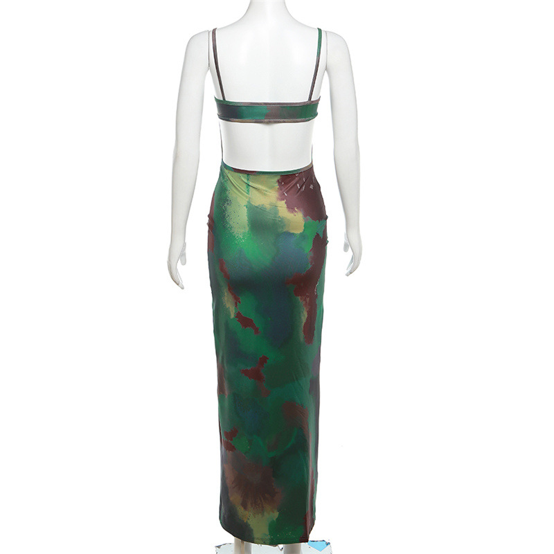 Summer Women Vintage Tie Dye Print Maxi Dress, Sexy Backless, Body-shaping Spaghetti Strap Robe, Elegant Party Vestido f