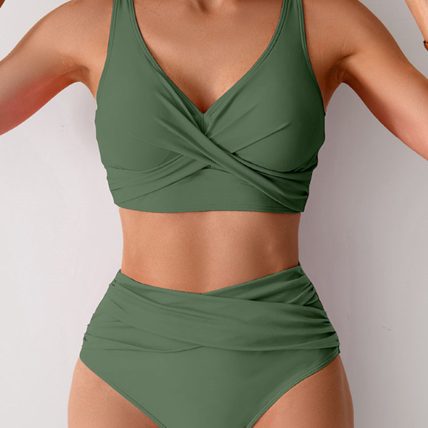 Cross Push Up Bikini Set, Solid Strapped Swimwear Women Brazilian High Waist Beach Bath Suit