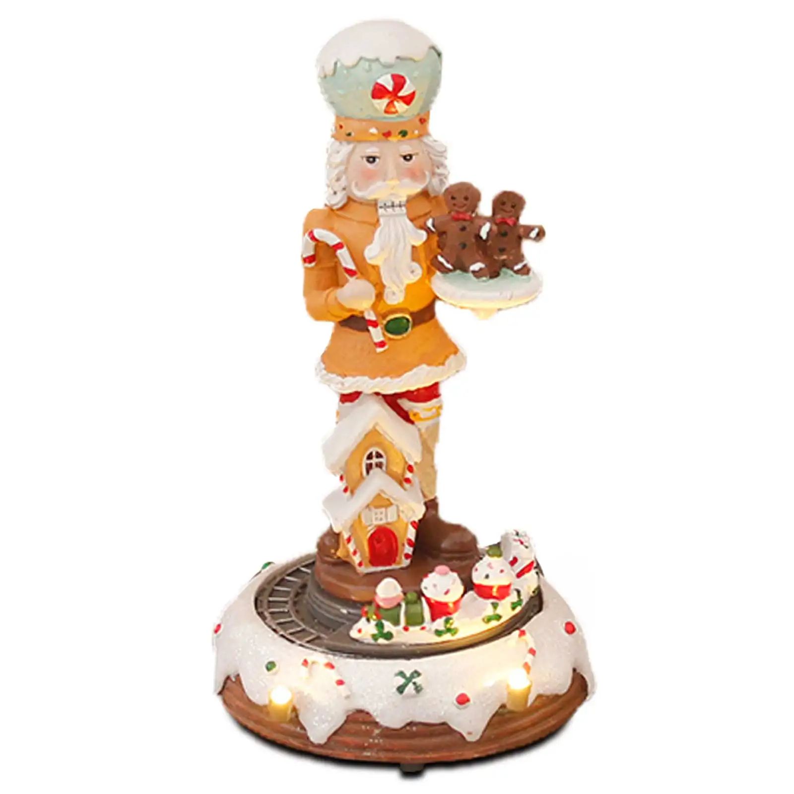 Christmas Gingerbread Nutcracker Figurine with LED Light and Rotating Train Decor