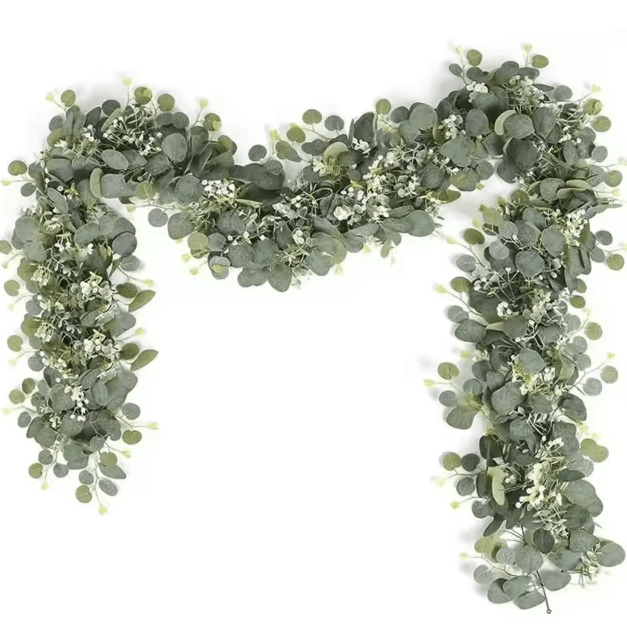 Artificial Eucalyptus Garland with White Flowers & Berries – Lush Greenery Vine for Wedding & Home Decor