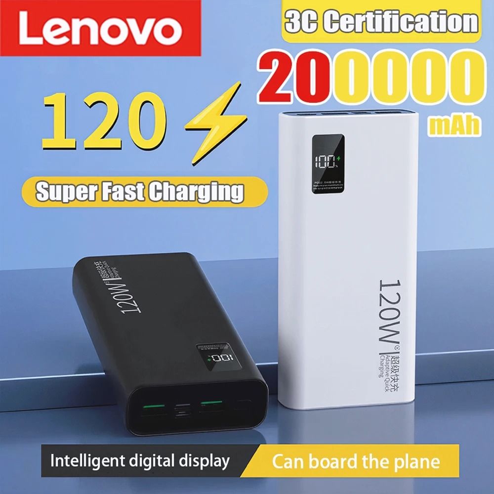 Lenovo 500,000mAh Ultra-Capacity Power Bank – 120W Super Fast Charging External Battery for iPhone, Samsung & Xiaomi