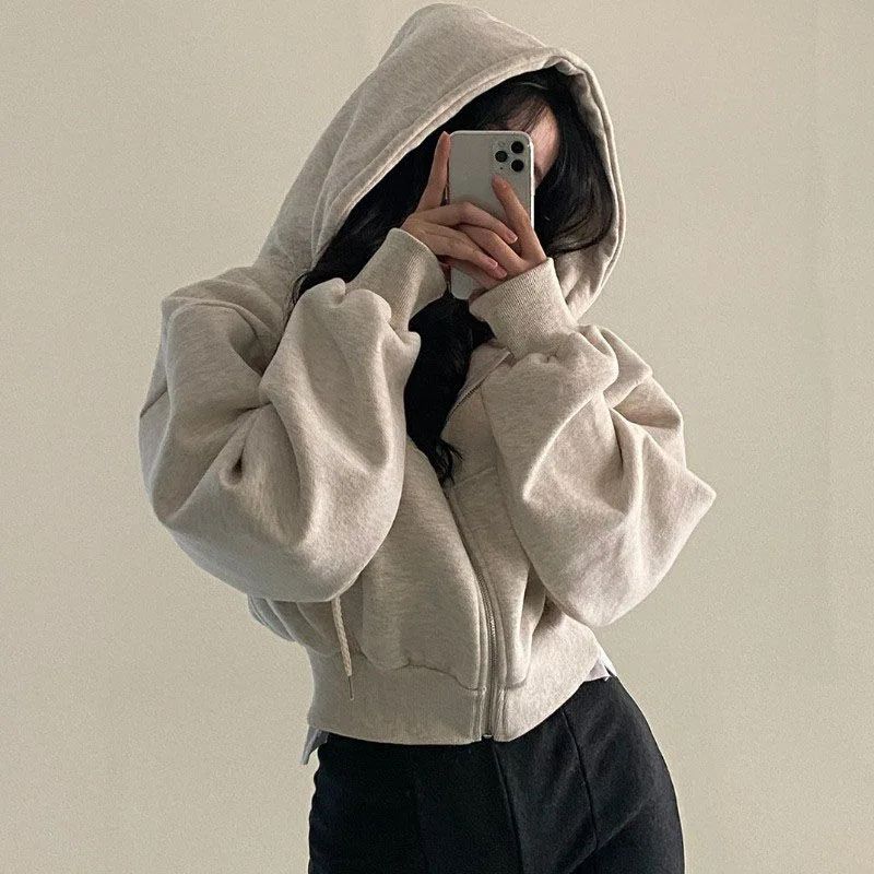 Linglsix Y2K Cropped Zip-Up Hoodie – Women's Harajuku Streetwear Hooded Sweatshirt Jacket