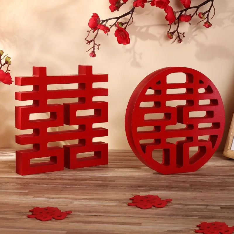 Double Happiness Chinese Wedding Wood Decor Elegant Xi Character Ornament