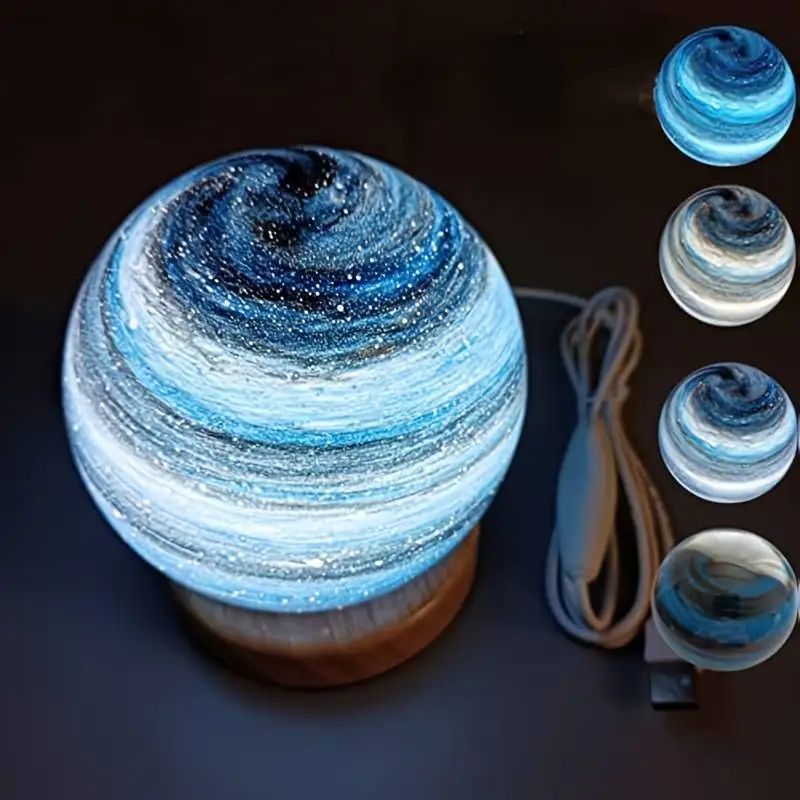 USB Powered 3D Moon Glass Night Lamp with Wooden Stand