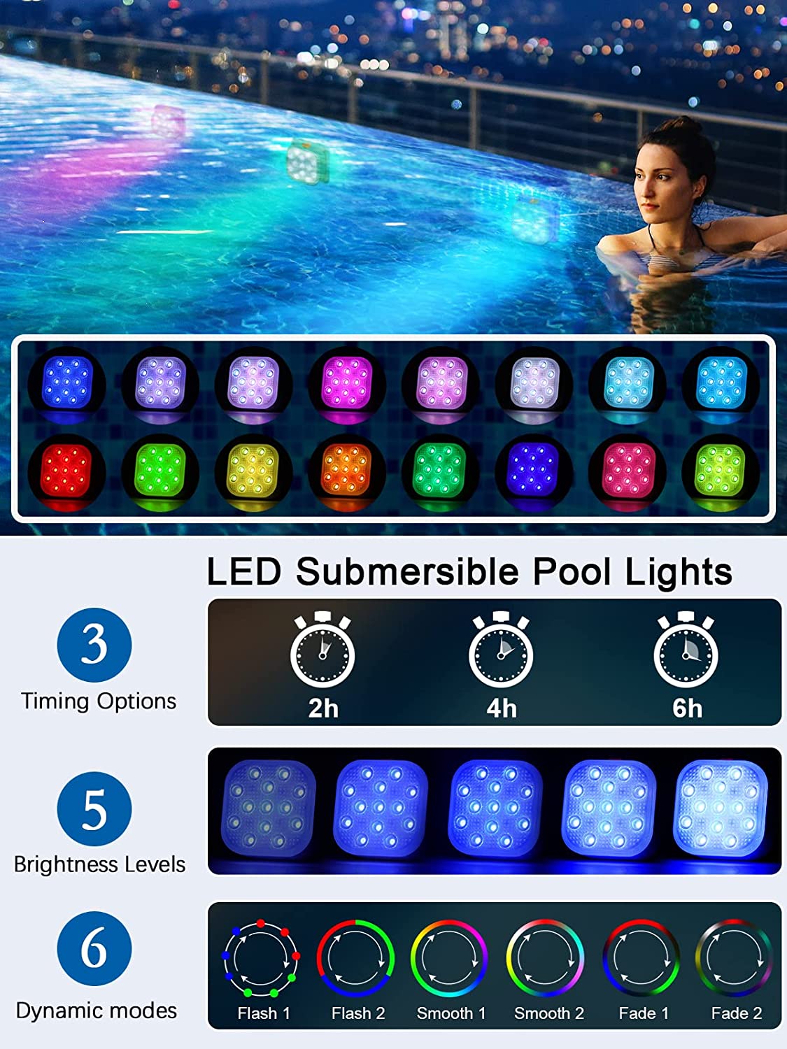 LED Submersible Pool Lights with Remote Control, Rechargeable Underwater Lights, Color Changing Timer for Pools