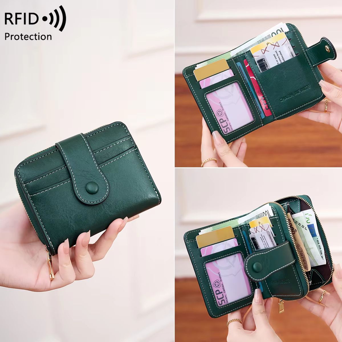 Retro RFID Blocking Women's Multi Card Wallet with Zipper Coin Pocket