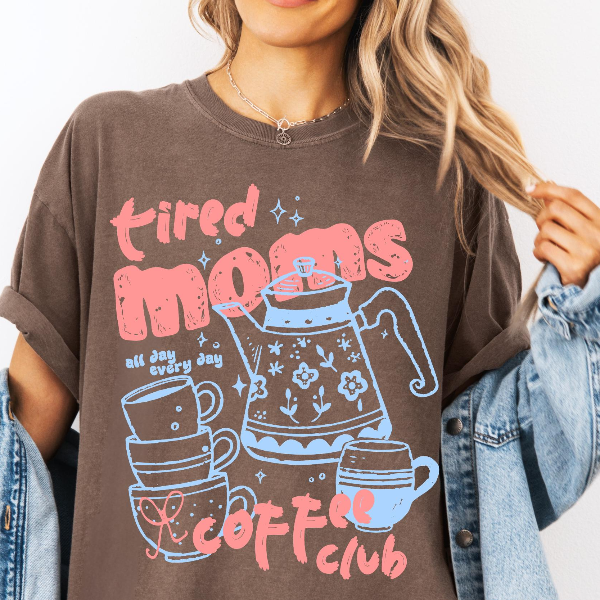 Tired Moms Coffee Club Shirt Funny Mom Coffee Lover Graphic Tee Cute Outfit