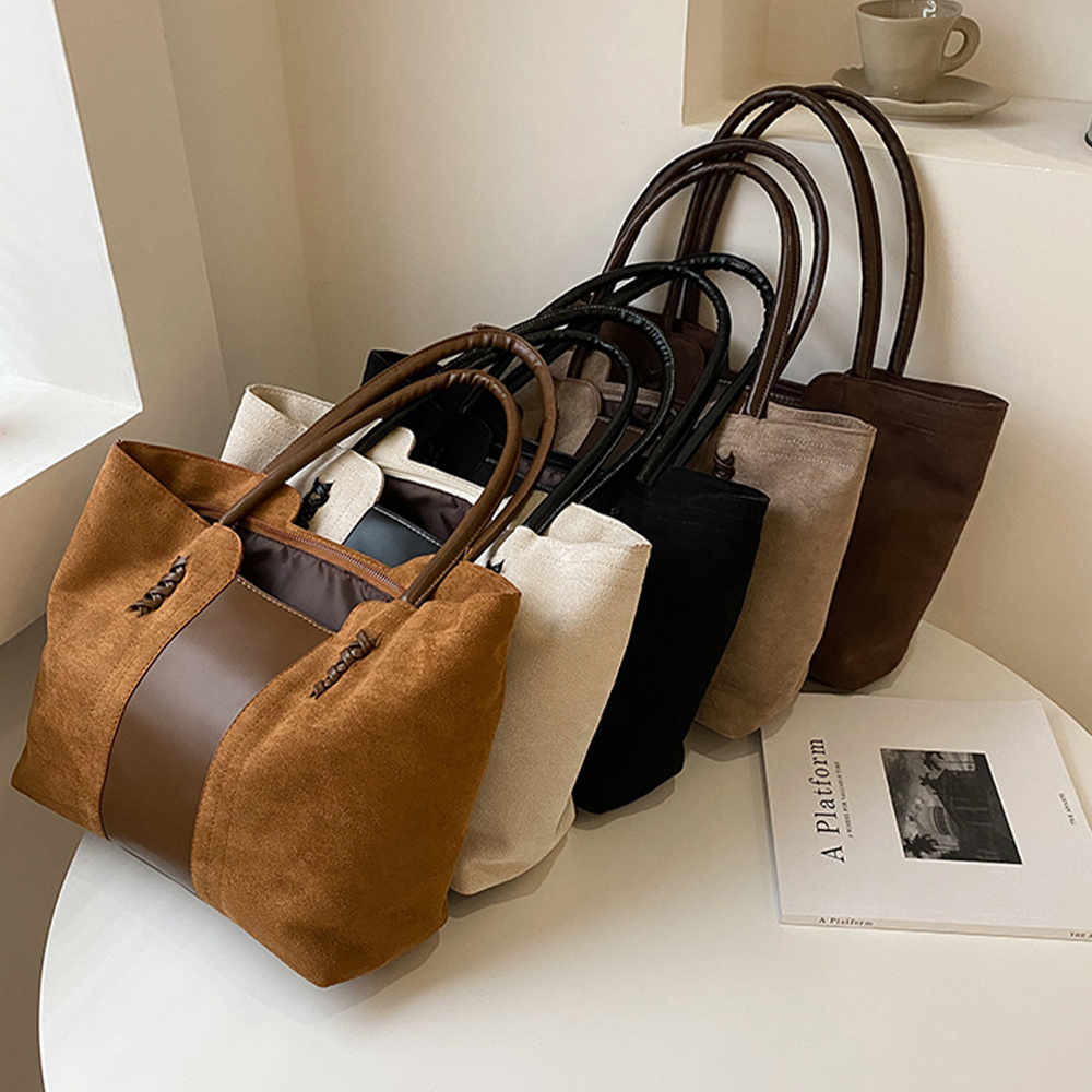 Premium Suede Tote Handbag for Women Stylish Colorblock Shoulder Bag
