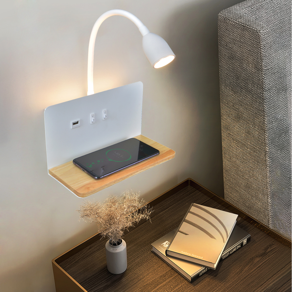 Modern LED Wall Lamp, with Wireless Charging, USB Interface, 360 Rotatable, Bedside Night Light with Switch