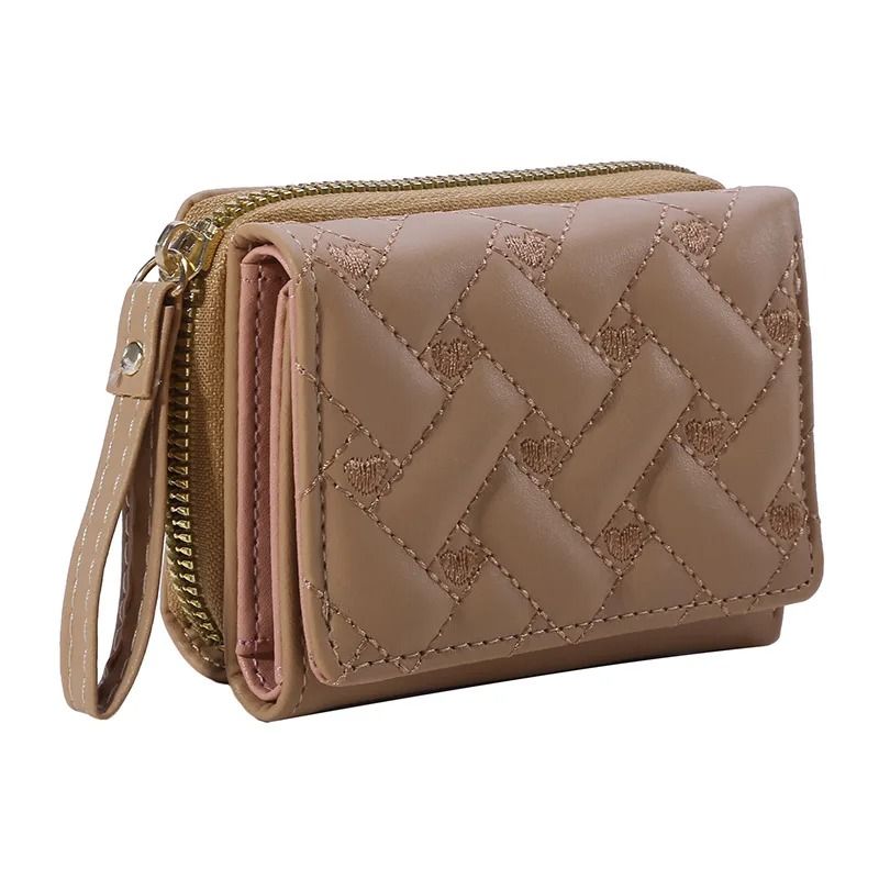 Women PU Leather Embroidered Love Trifold Small Wallet Card Holder
