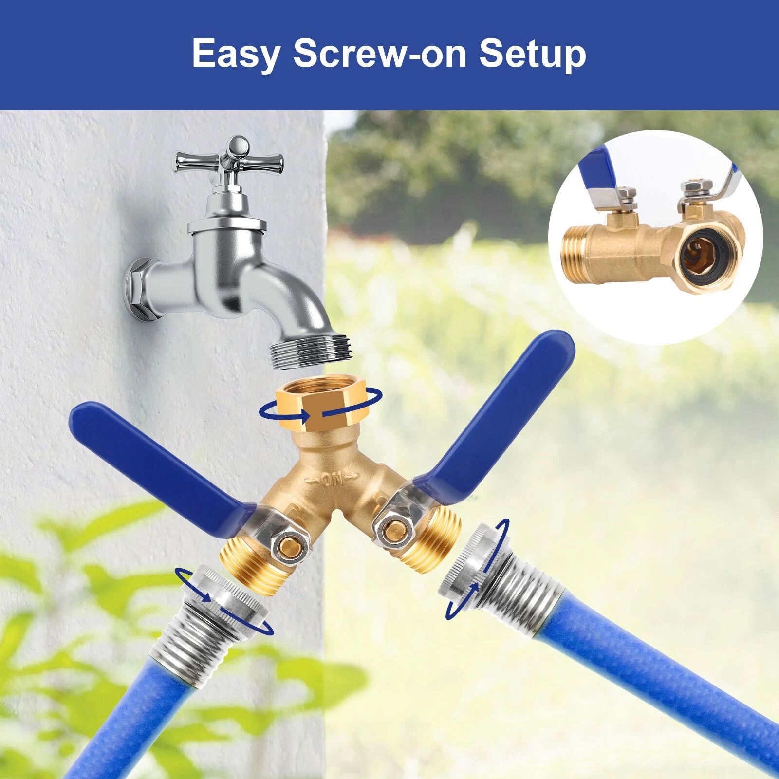 Brass Garden Hose Splitter with Shut-Off Valves - Dual Outlet Connector for Efficient Water Flow Control