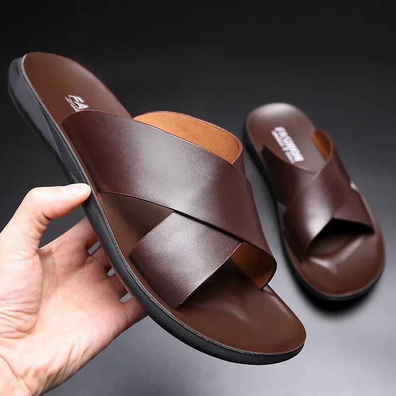 Men Genuine Leather Slippers Non-Slip Beach Sandals for Casual & Luxury Fashion