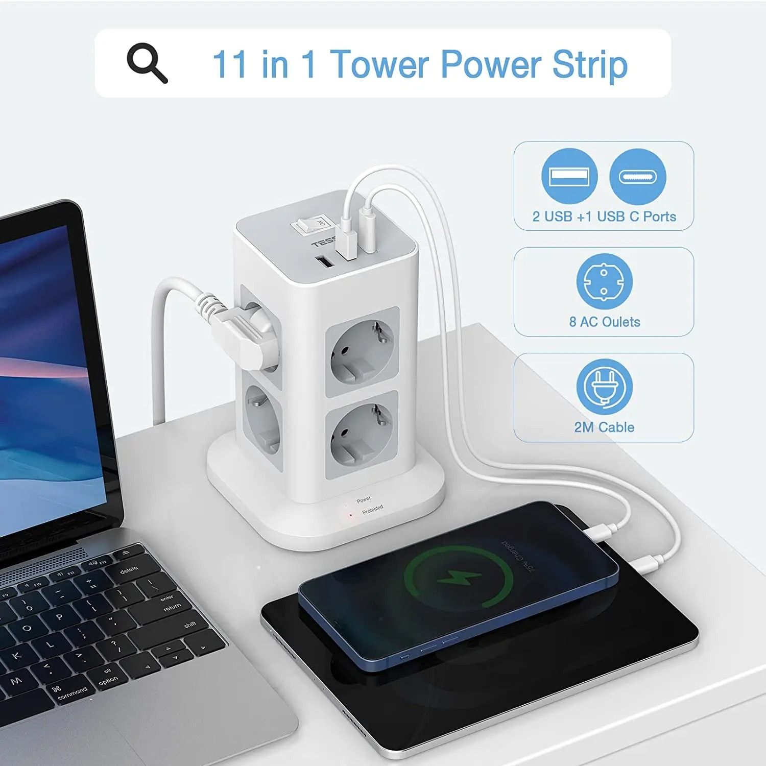 Compact Tower Power Strip with USB A USB C and a Long Extension Cord