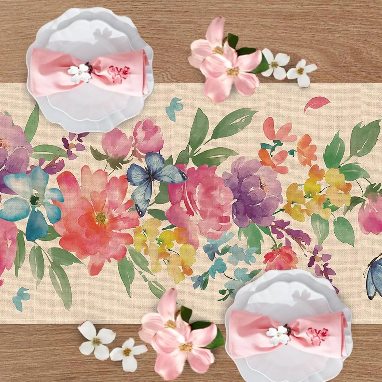 Watercolor Floral Butterfly Linen Table Runner Decor