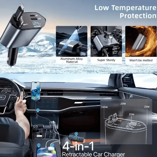 4-in-1 120W Retractable USB-C Car Charger Adapter with Fast Charging Cables