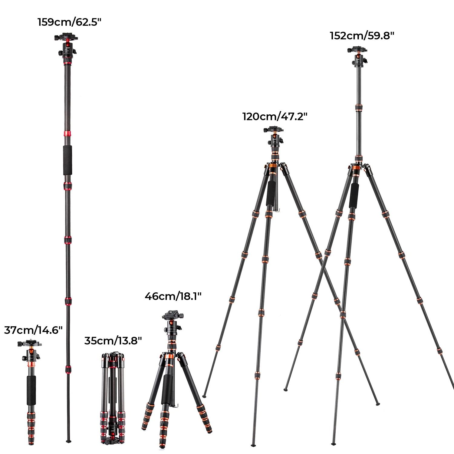 K and F Concept Carbon Fiber Travel Camera Tripod 60 Inch with 360 Ball Head