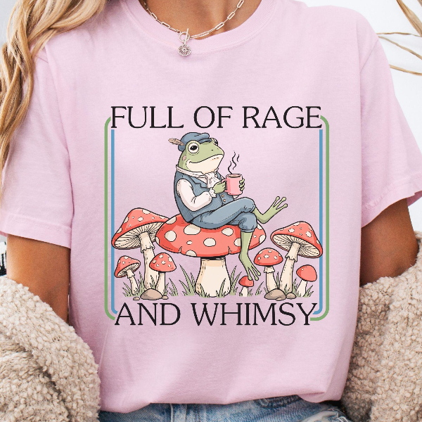 Comfort Colors 'Full Of Rage and Whimsy' Shirt Retro Cottagecore Frog With Coffee Tee