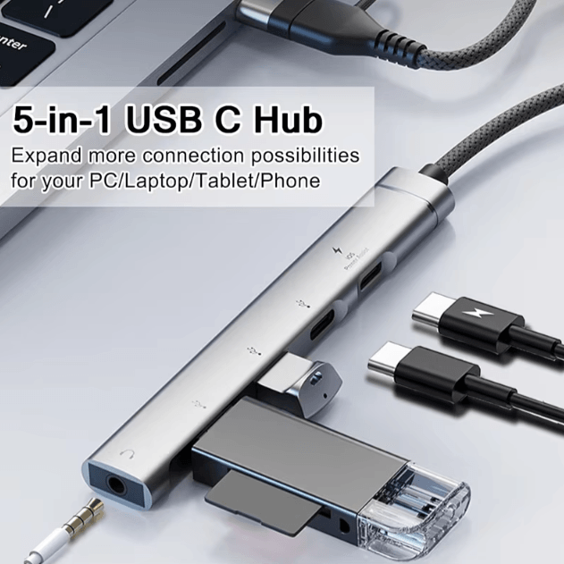 FlexiHub USB-C to 3.5 mm Audio & USB Adapter – Multi-Port OTG Hub Connector for Laptops & Computers