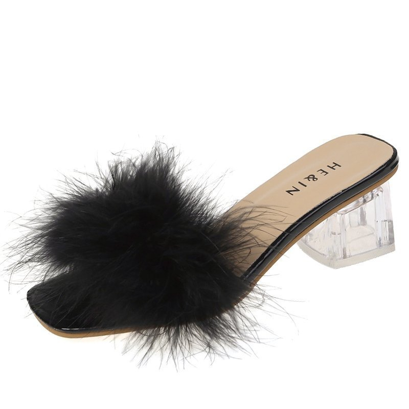 Fashion Slippers Womens Summer Open Toe Plush Fox Fur Chunky Flip Flops Sexy Square Toe Simple Pumps