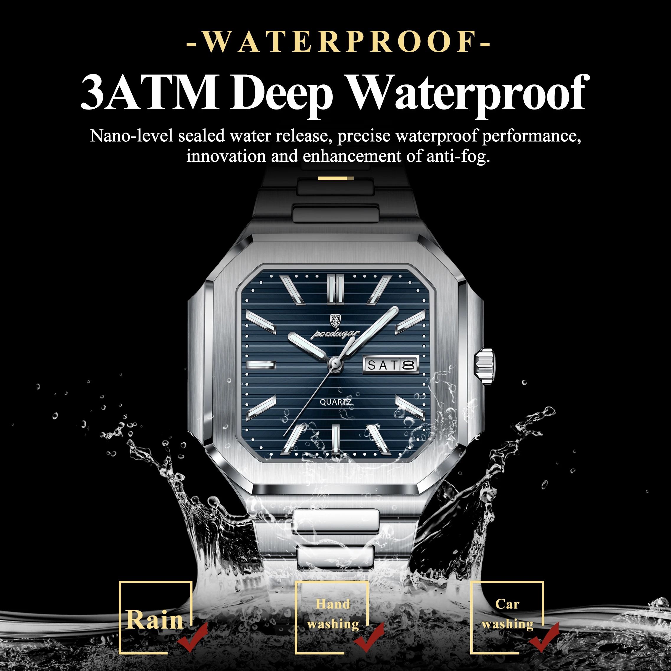 Square Quartz Mens Watch with Luminous Display and Date Week Function