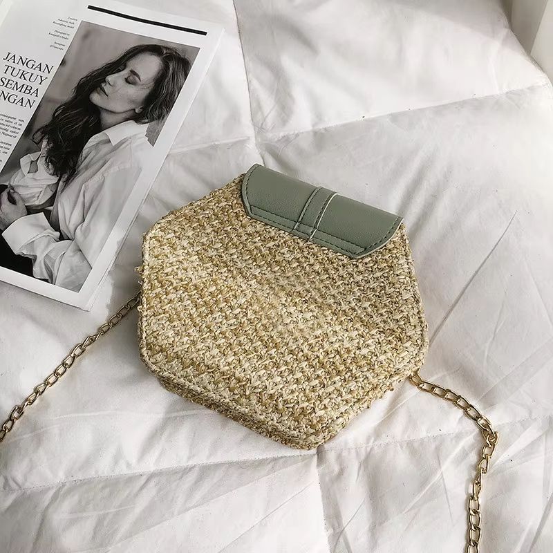 Boho Straw Rattan Shoulder Bag – Hexagon Handmade Woven Summer Handbag with Leather Strap