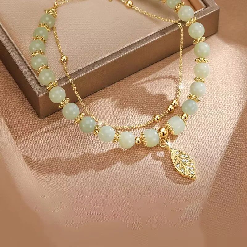 Chinese Style Green Jade Gold Leaf Double Chain Bracelet