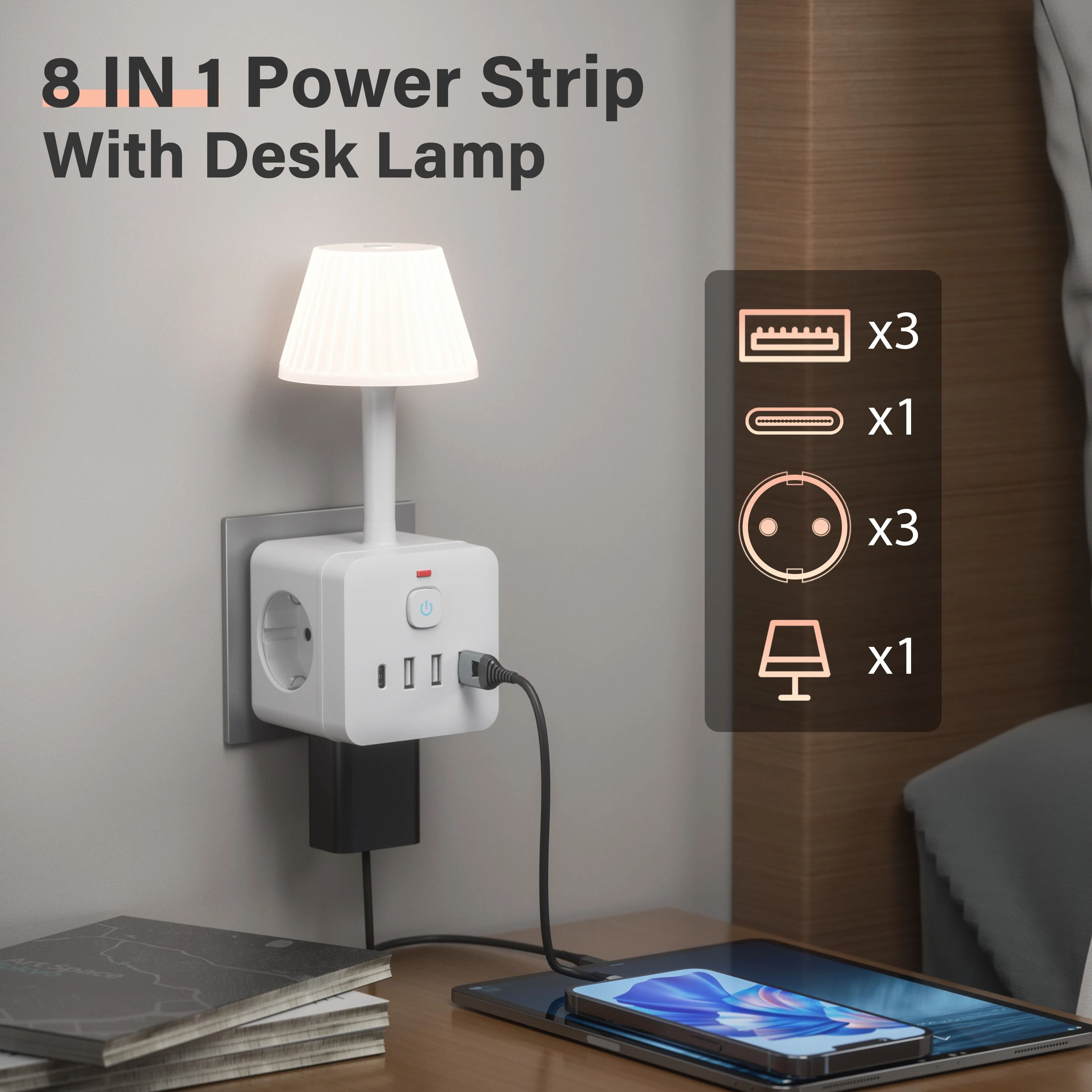 3-Outlet Desk Lamp Power Strip with USB & Type-C Ports