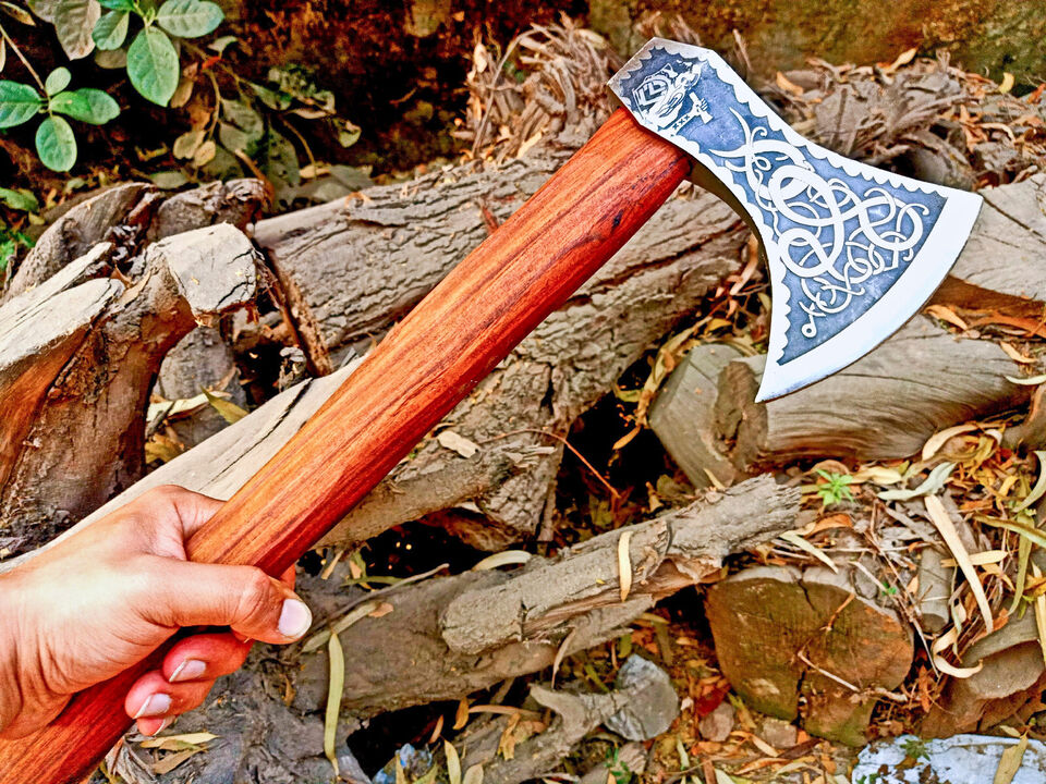 Handmade Carbon Steel Viking Throwing Axe | Rare Art Axe with Carved Ashwood Handle Axe