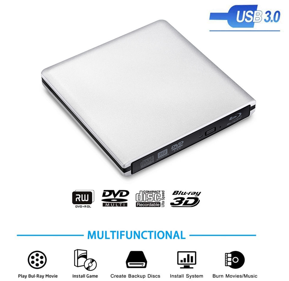 External USB 3.0 Blu-Ray Burner Drive, BD-RE Writer, 3D BD-ROM DVD/CD Optical Drive for PC, Laptop, Desktop