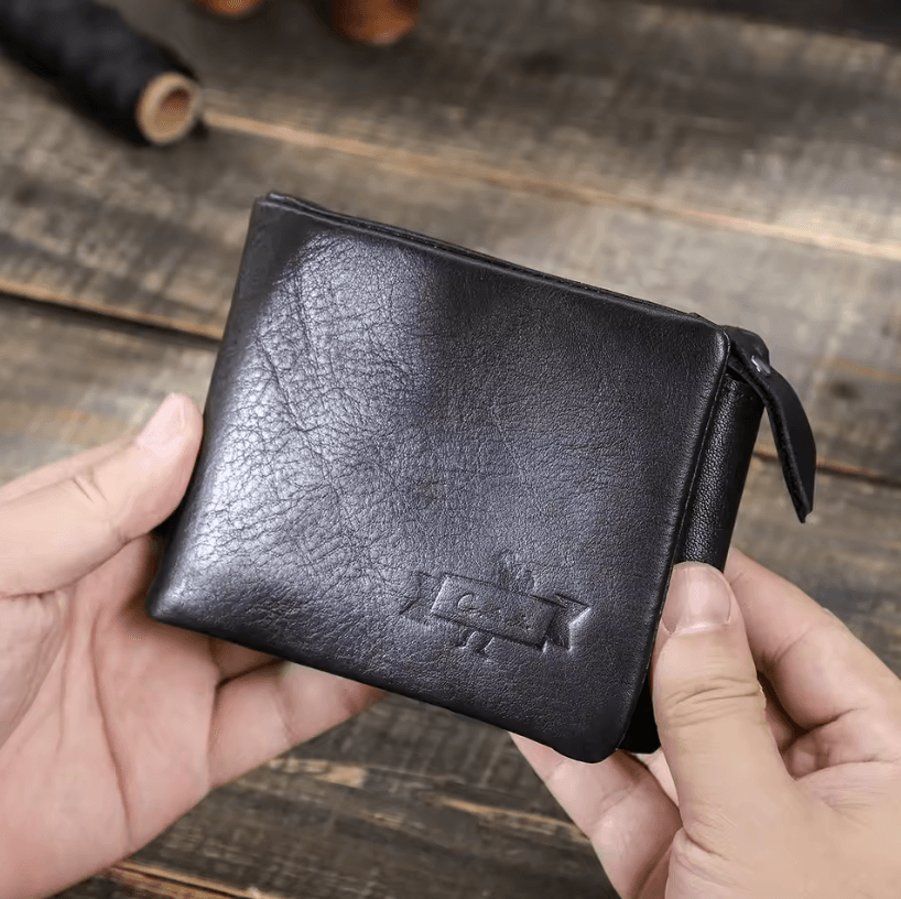 Genuine Crazy Horse Leather Mens Trifold Wallet with Zip Coin Pocket Vintage Cowhide Purse