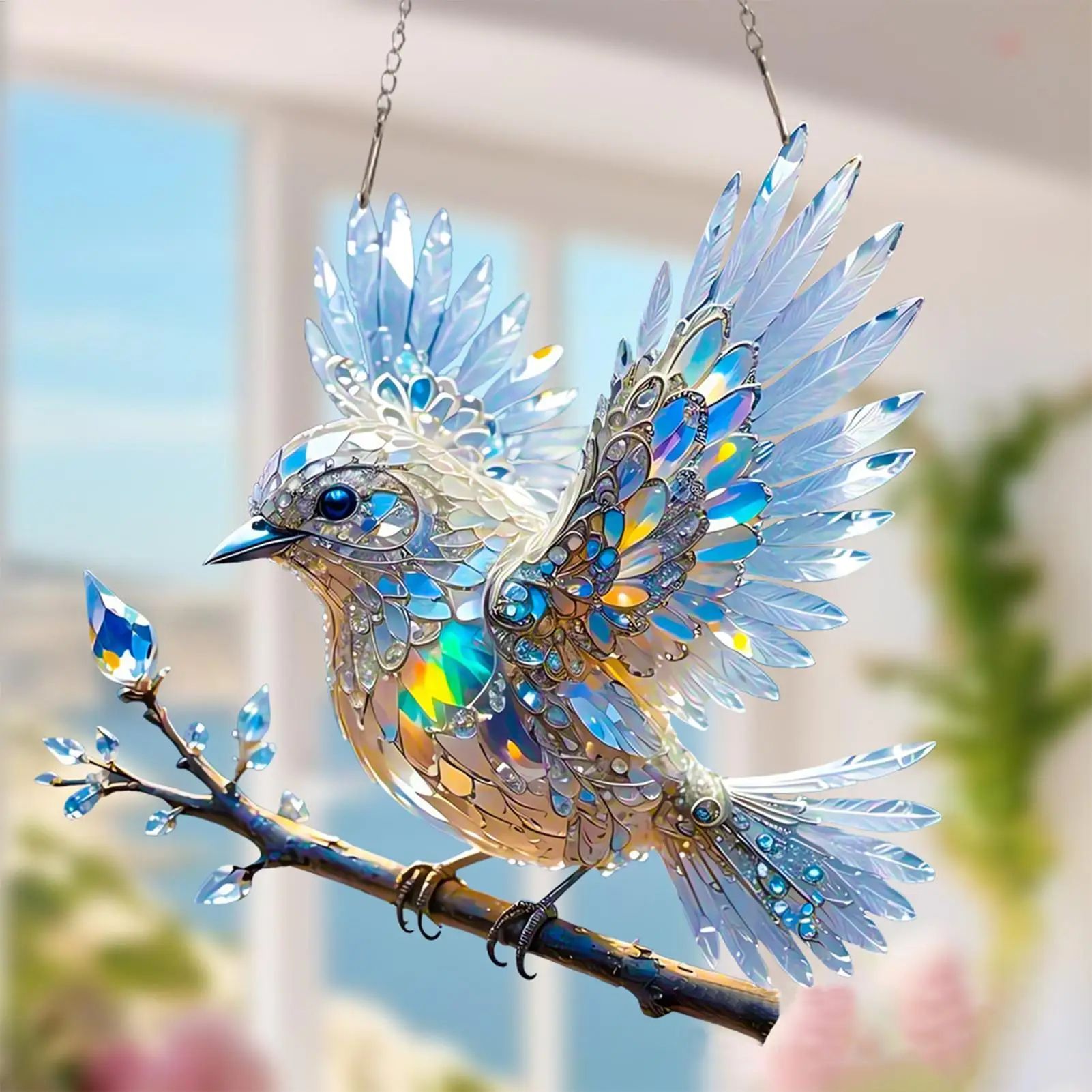 Stained Glass Bird Ornament, Reflective Hanging Decor for Windows, Porches & Gifts