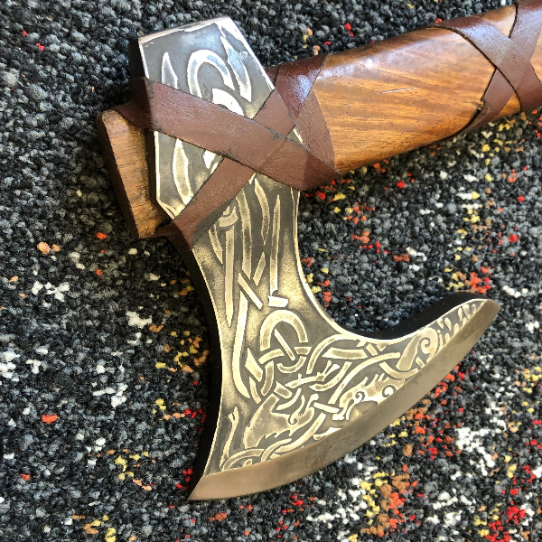 Customizable Damascus Axe | Hand-Forged Steel Axe with Wooden Handle & Leather Sheath