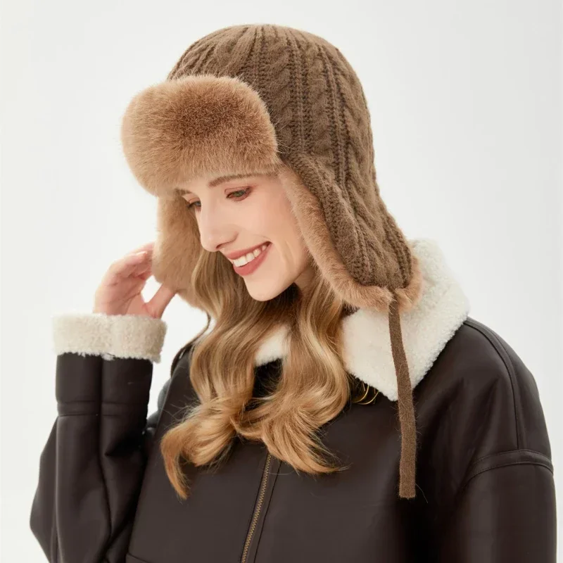 Womens Russian Caps Fur Winter Thickened Warm Knit Ushanka Earflap Pilot Hat Ski Snow Bomber Hat