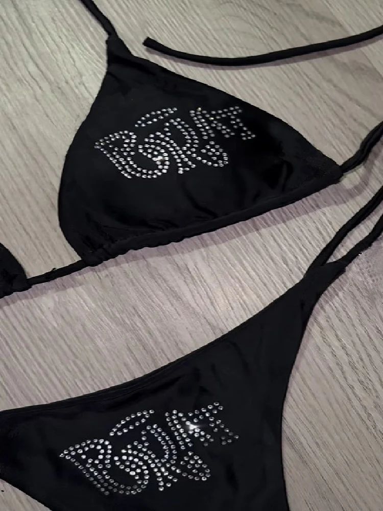 2000s Punk Y2K Gothic Rhinestone Lace-Up Bikini Swimsuit